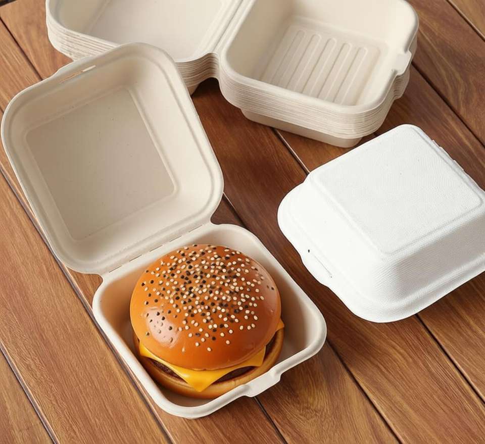 Biodegradable Sugarcane Pulp Clamshell Food Container – Eco Friendly Compostable Burger Box & Takeaway Lunch Box