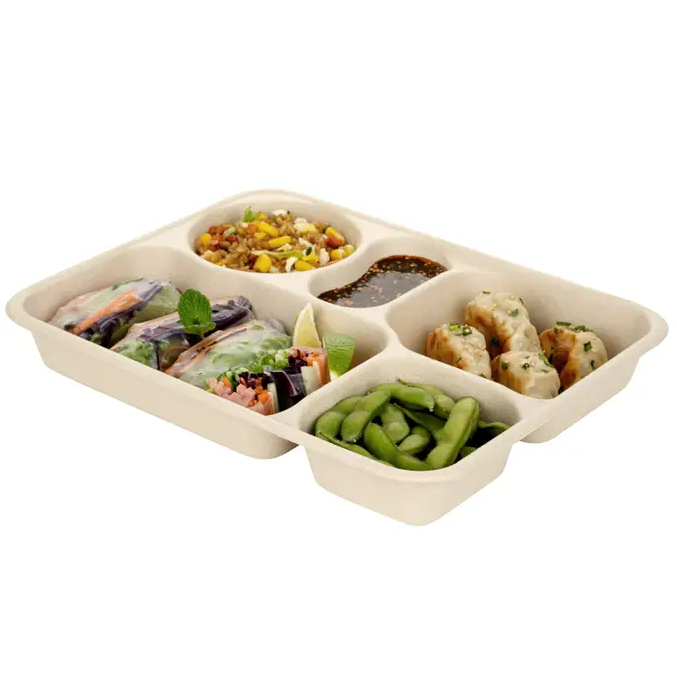 Custom Sugarcane Bagasse Lunch Trays - Biodegradable 2-Compartment Catering Trays