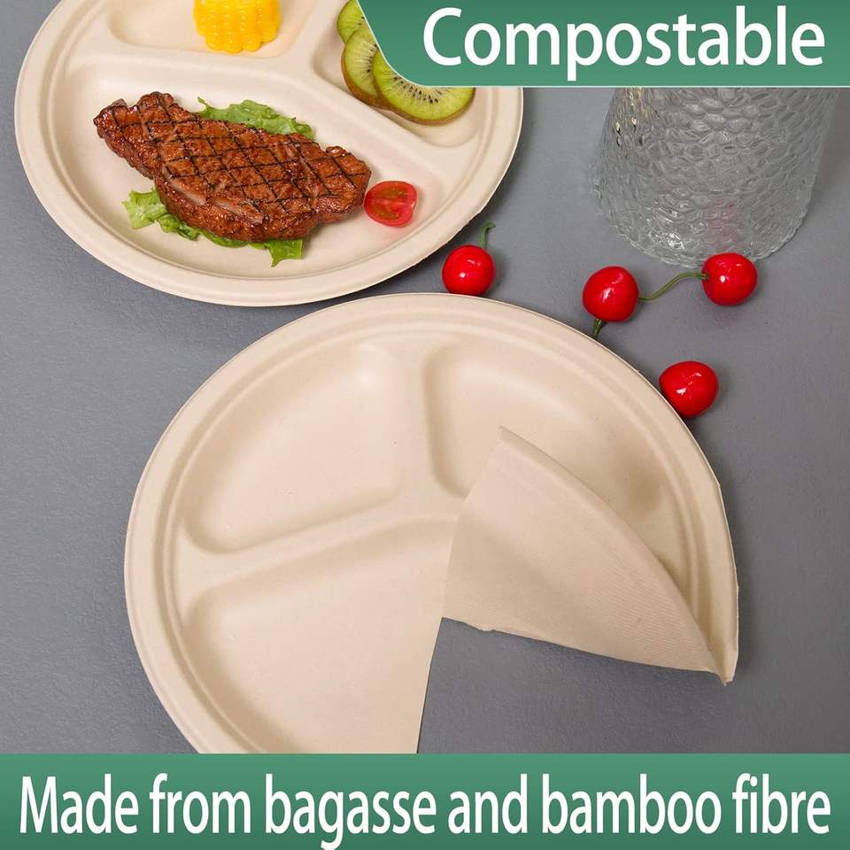 10" Compostable 3 Compartment Sugarcane Bagasse Round Divided Plates