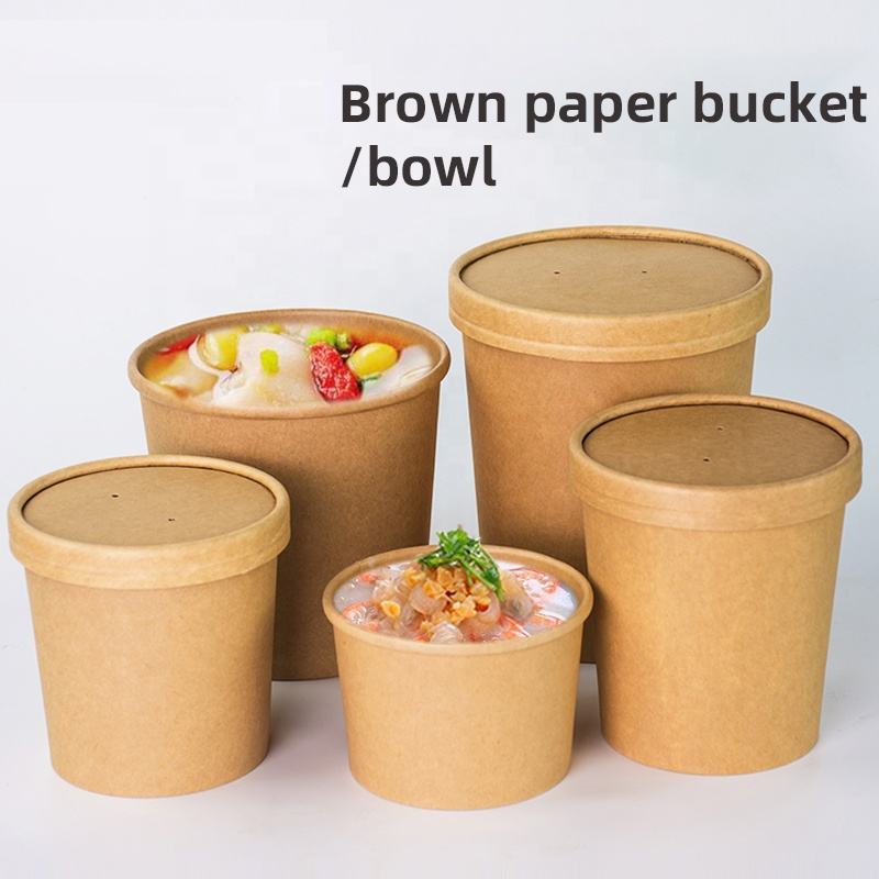 Custom Kraft Paper Soup Bowls 24oz Disposable with Lids for Takeaway
