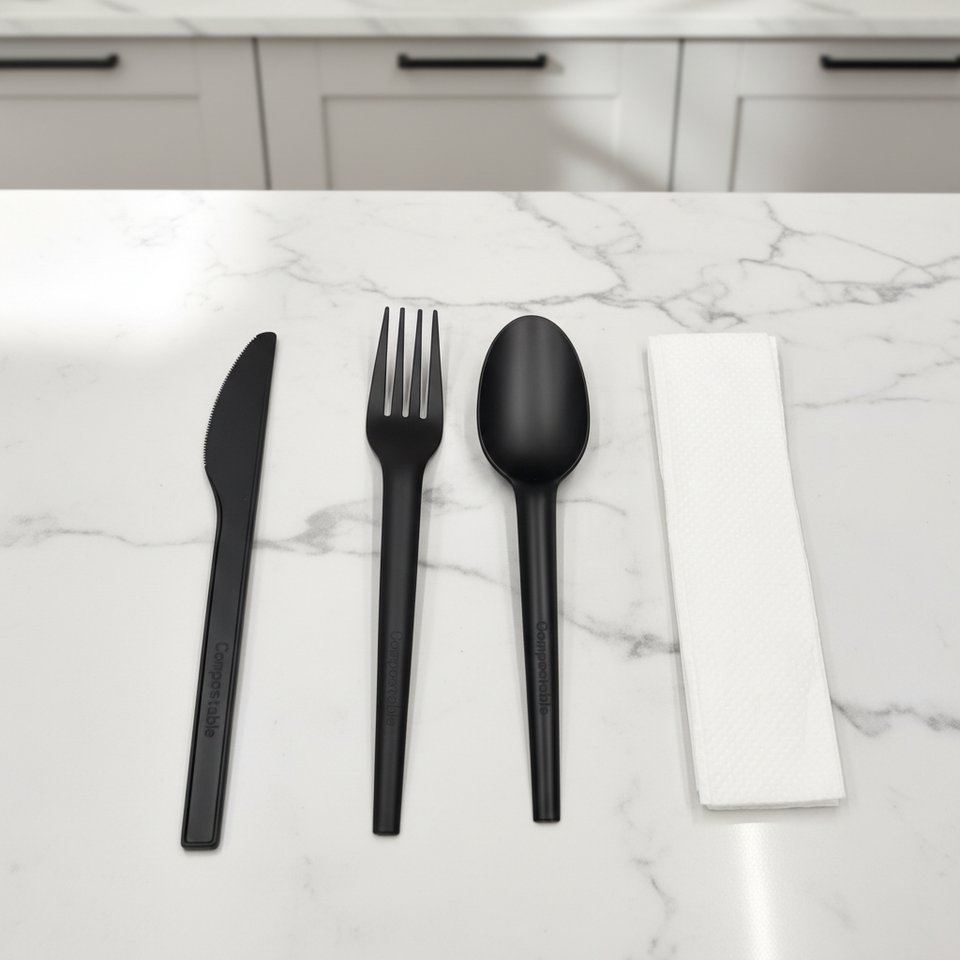 Compostable CPLA Cutlery Set – Eco-Friendly Knife, Fork, Spoon for Airlines & Restaurants