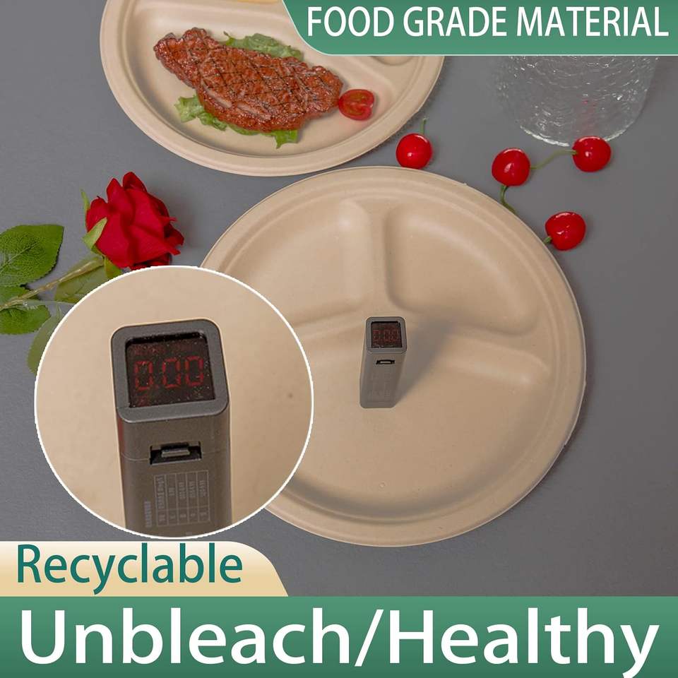 10" Compostable 3 Compartment Sugarcane Bagasse Round Divided Plates