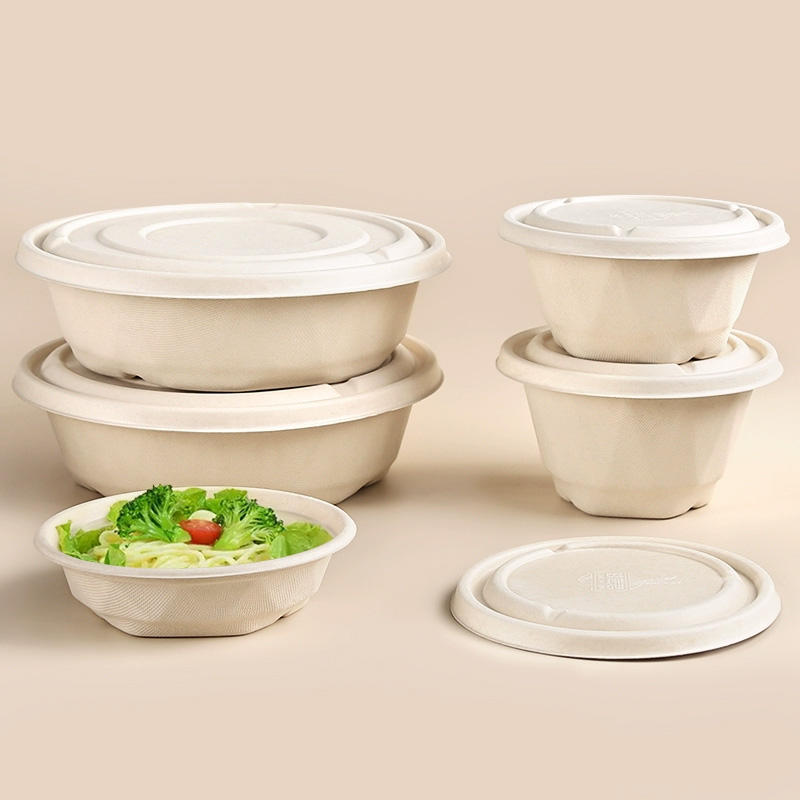 1000ml Biodegradable Sugarcane Fiber Salad Bowl with Lid – Eco-Friendly Compostable Bagasse for Camping