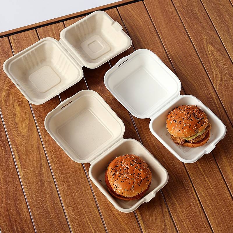 Biodegradable Sugarcane Pulp Clamshell Food Container – Eco Friendly Compostable Burger Box & Takeaway Lunch Box