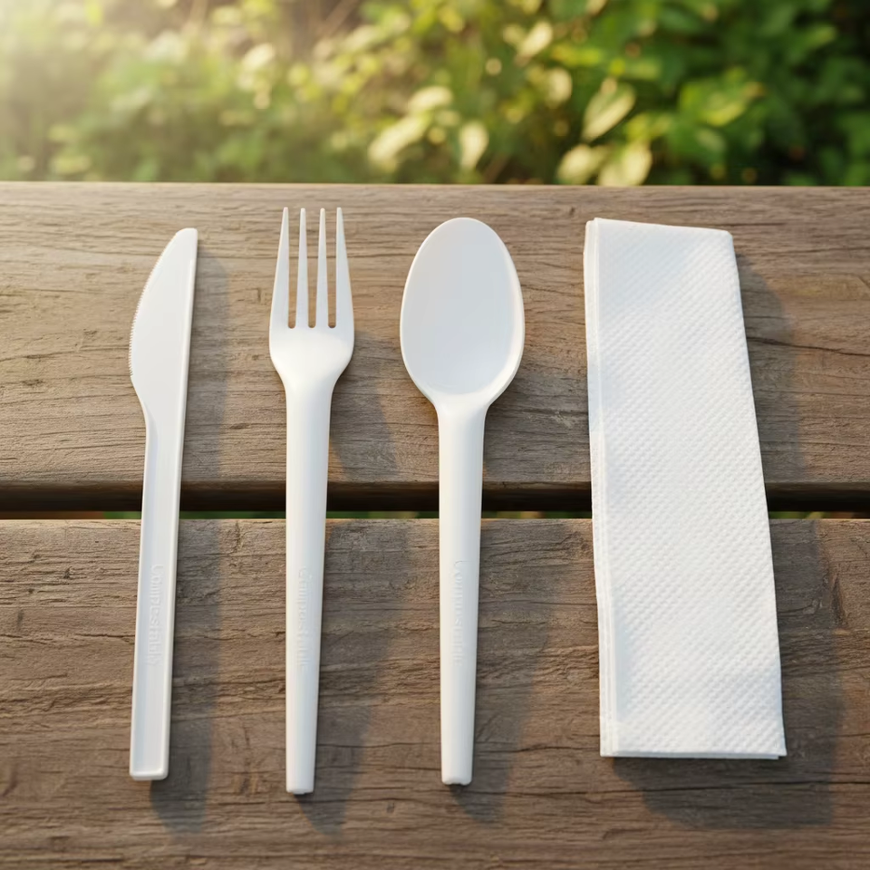Compostable CPLA Cutlery Set – Eco-Friendly Knife, Fork, Spoon for Airlines & Restaurants