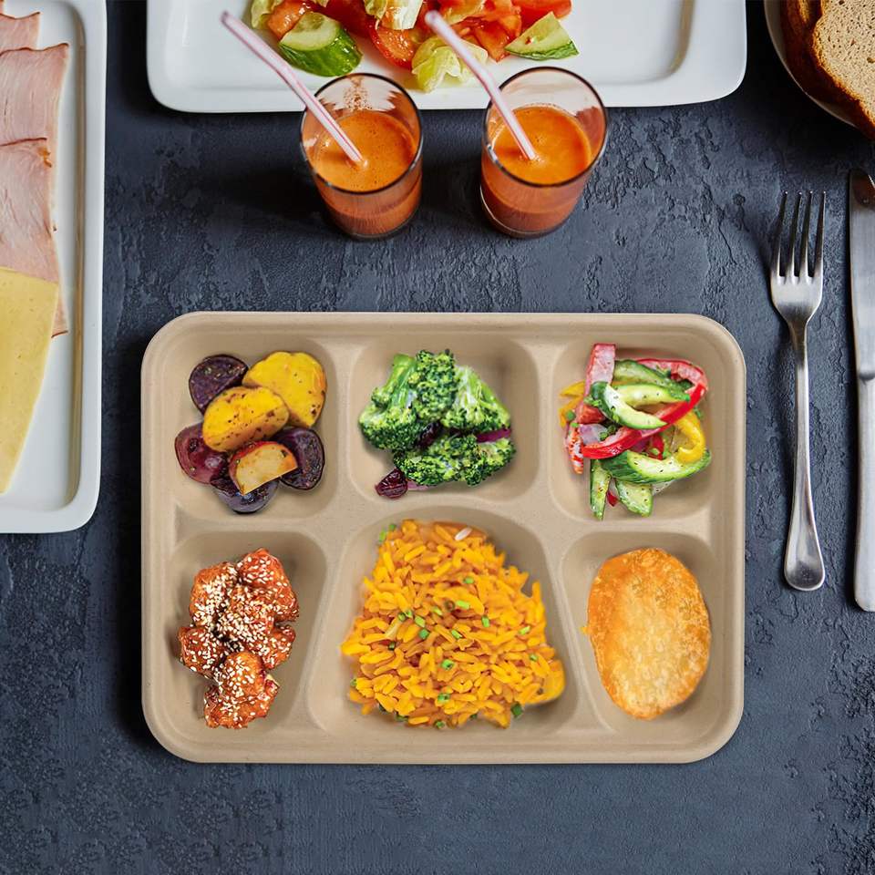 Custom Eco-Friendly Bagasse 6-Compartment Lunch Tray - Disposable Sugarcane Paper Plates