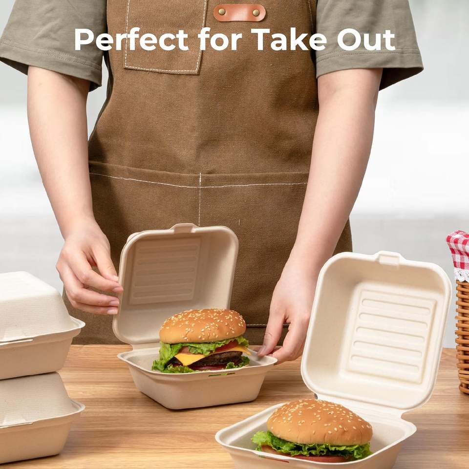 6" Eco-Friendly Sugarcane Bagasse Clamshell Lunch Box