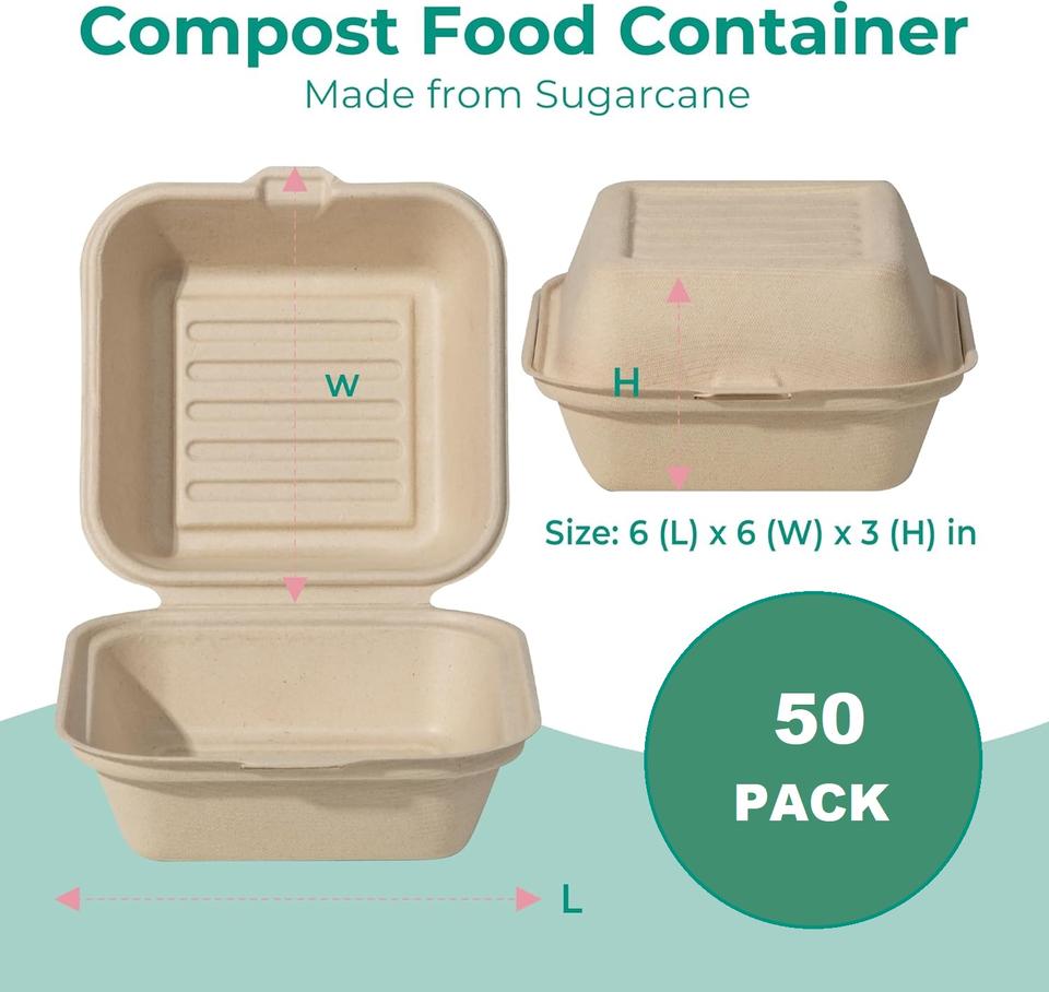 6" Eco-Friendly Sugarcane Bagasse Clamshell Lunch Box