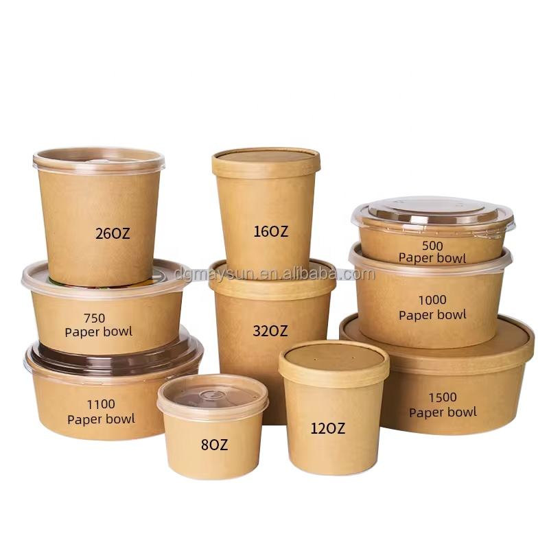 Custom Kraft Paper Soup Bowls 24oz Disposable with Lids for Takeaway