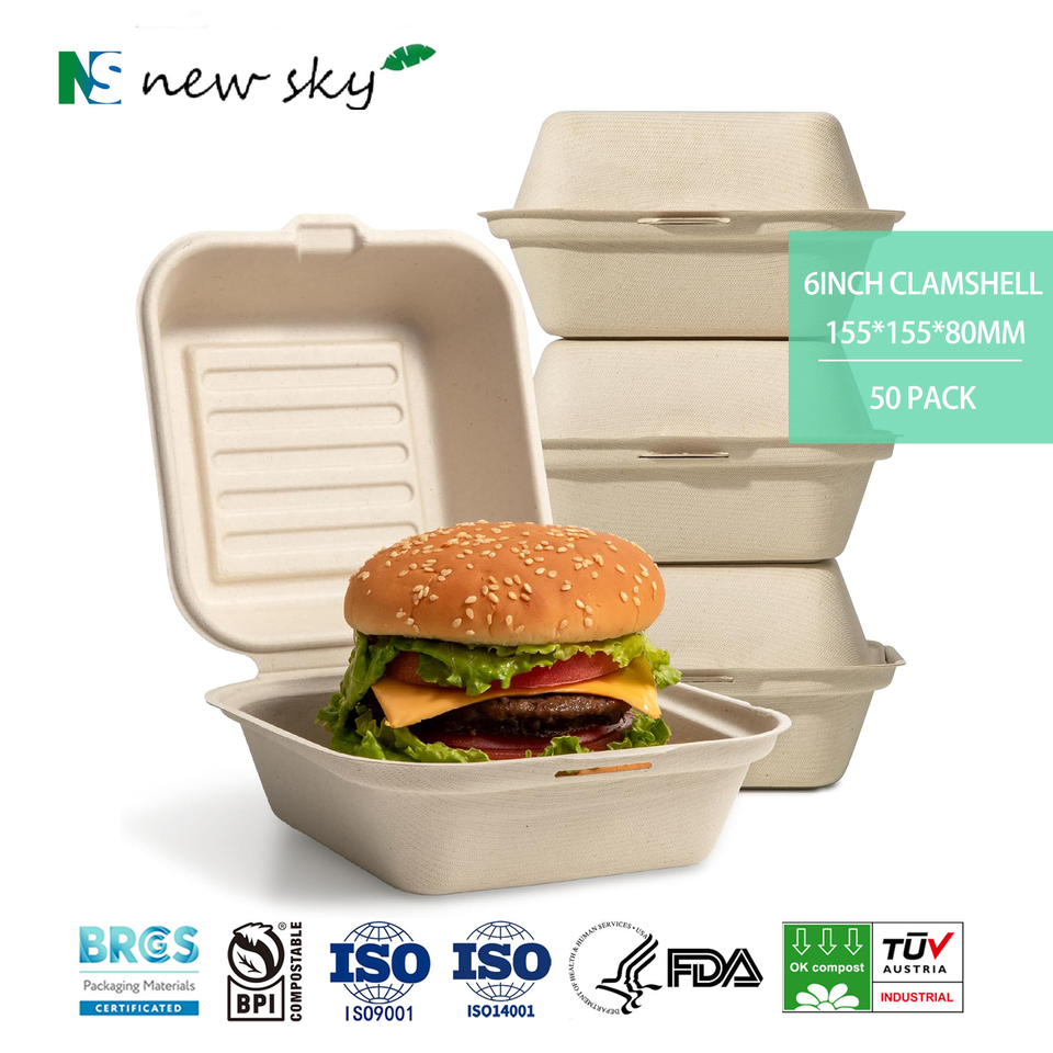 6" Eco-Friendly Sugarcane Bagasse Clamshell Lunch Box