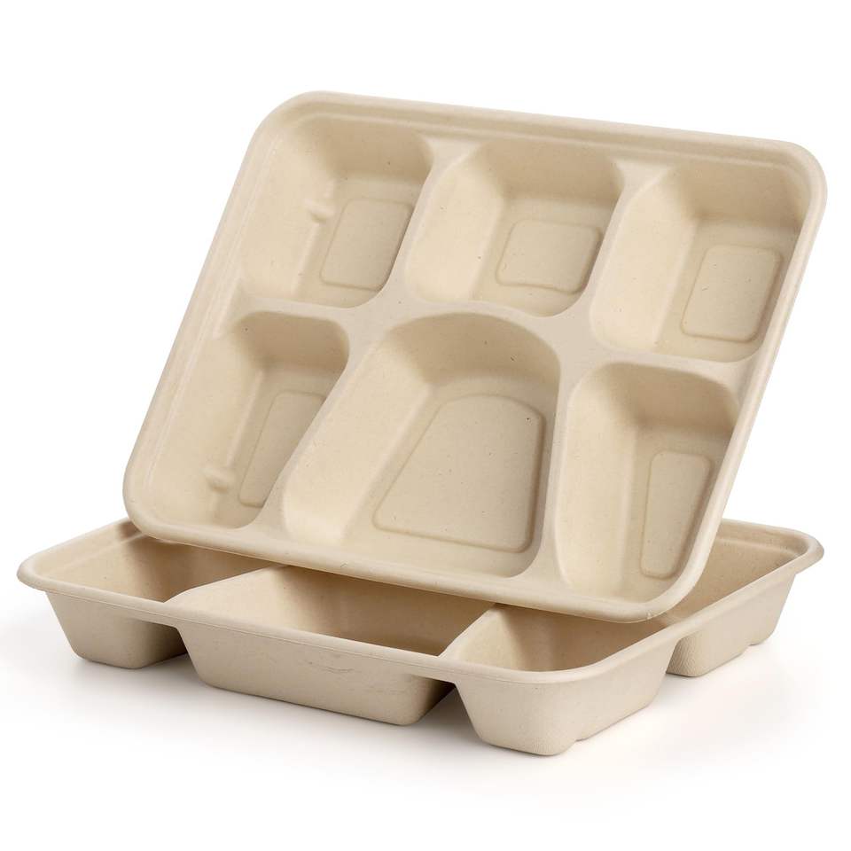 Custom Eco-Friendly Bagasse 6-Compartment Lunch Tray - Disposable Sugarcane Paper Plates