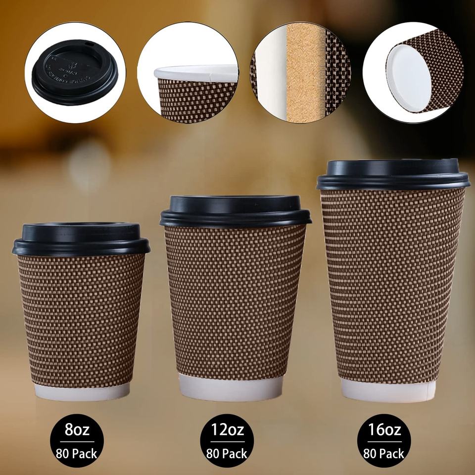 8-16oz Compostable Double Wall Kraft Paper Cups for Hot Drinks