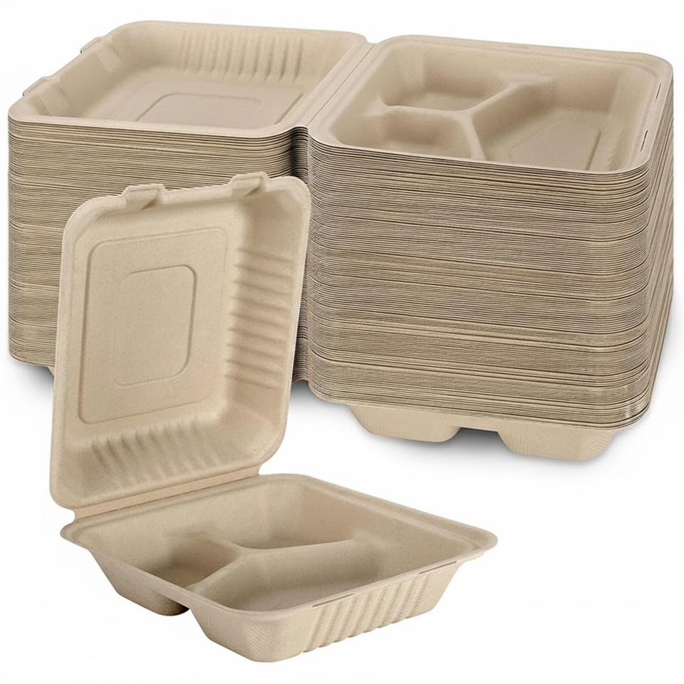 PFAS-Free Biodegradable 3-Compartment Sugarcane Bagasse Clamshell Box