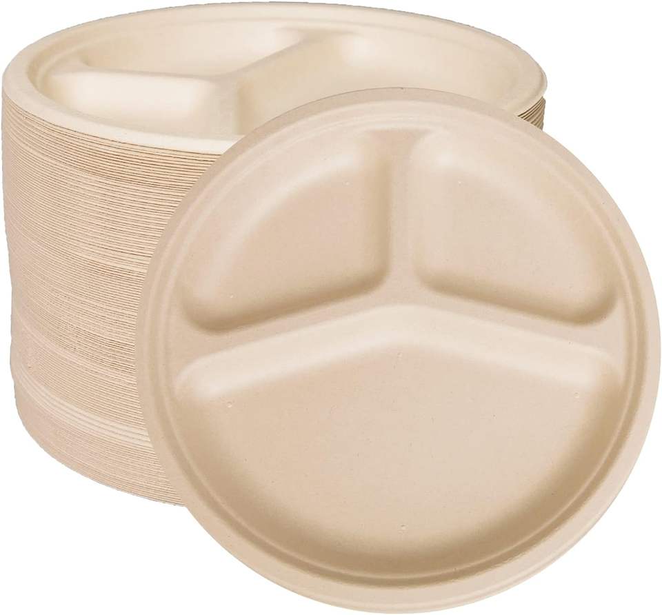 10" Compostable 3 Compartment Sugarcane Bagasse Round Divided Plates