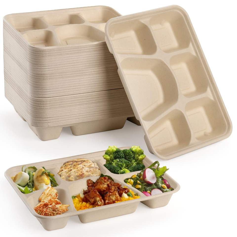 Custom Eco-Friendly Bagasse 6-Compartment Lunch Tray - Disposable Sugarcane Paper Plates
