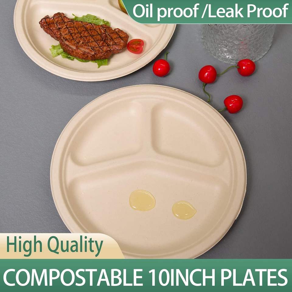 10" Compostable 3 Compartment Sugarcane Bagasse Round Divided Plates