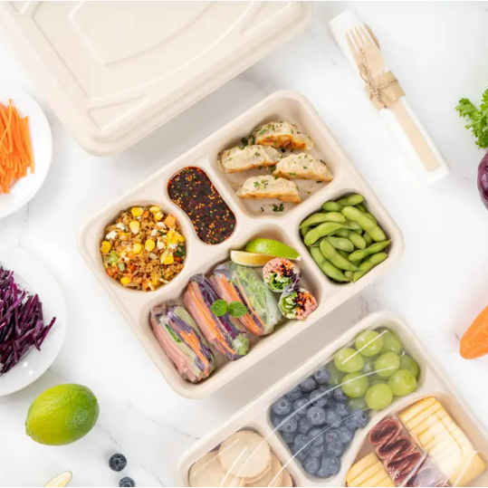 Custom Sugarcane Bagasse Lunch Trays - Biodegradable 2-Compartment Catering Trays