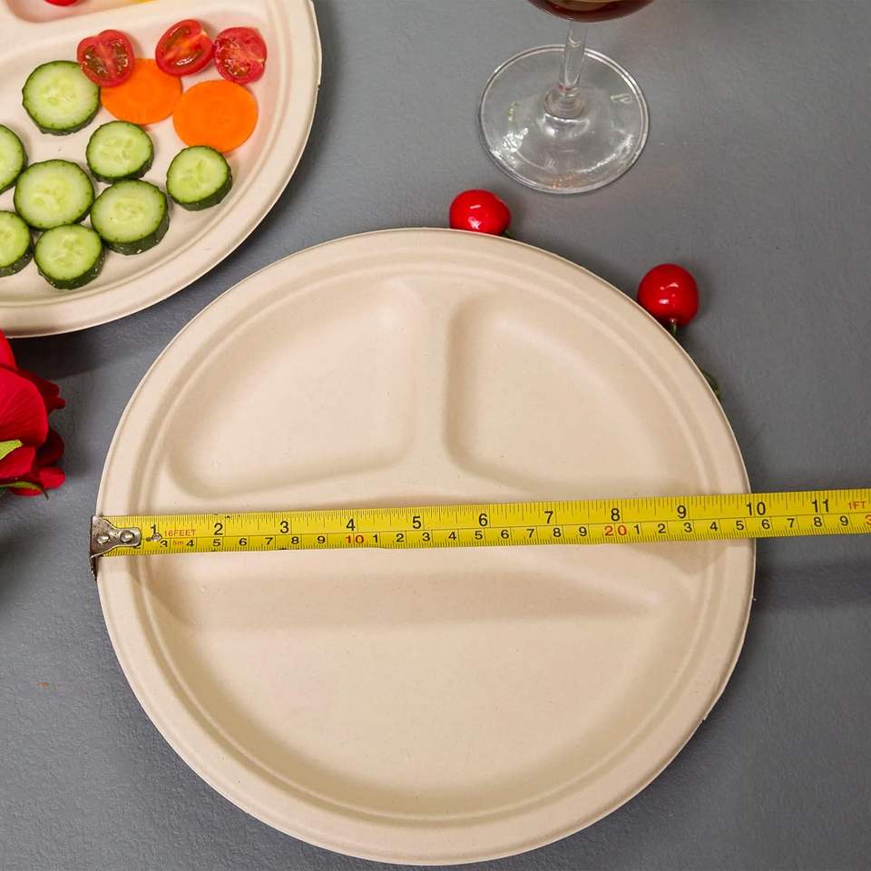 10" Compostable 3 Compartment Sugarcane Bagasse Round Divided Plates
