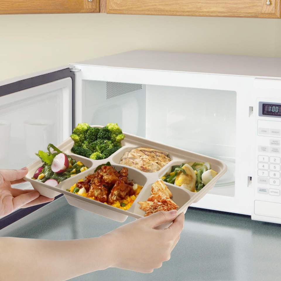 Custom Eco-Friendly Bagasse 6-Compartment Lunch Tray - Disposable Sugarcane Paper Plates