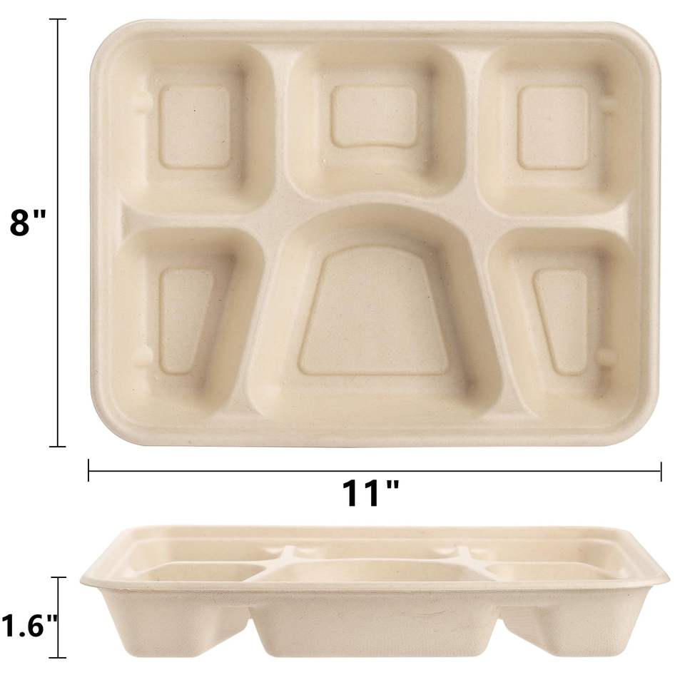 Custom Eco-Friendly Bagasse 6-Compartment Lunch Tray - Disposable Sugarcane Paper Plates