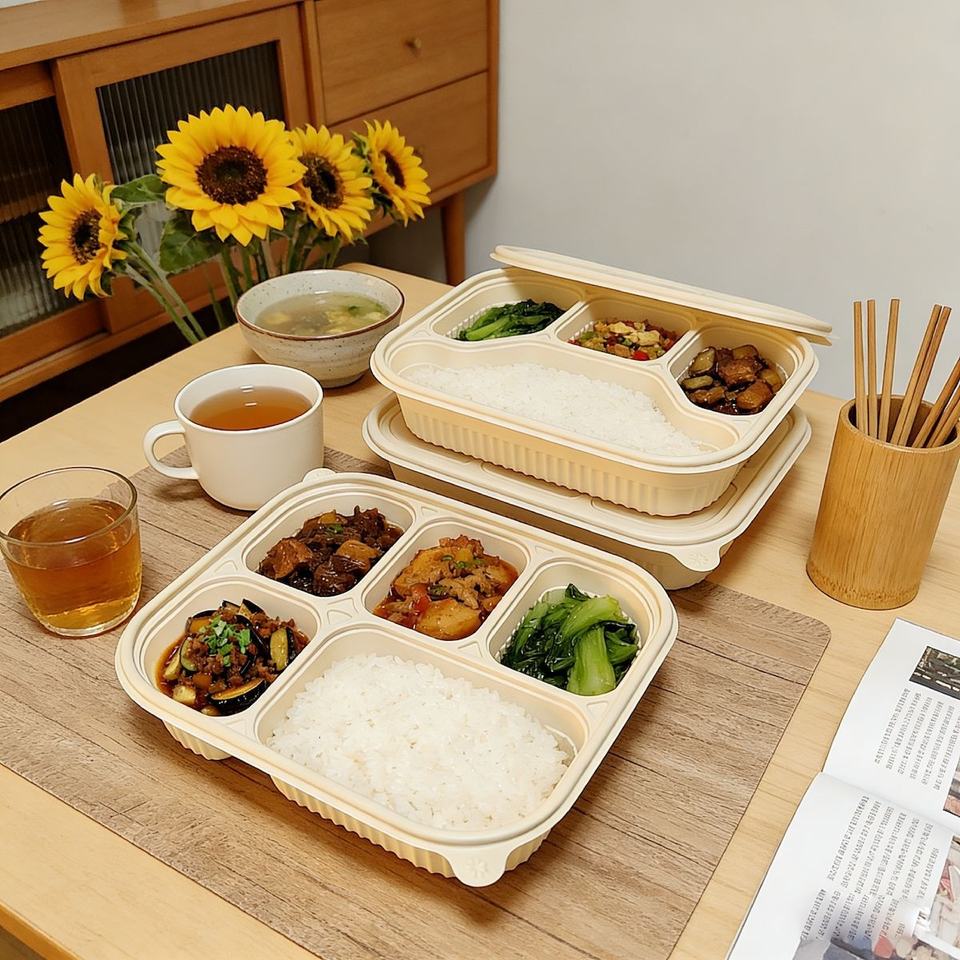 Eco-Friendly Cornstarch Lunch Boxes with 2-5 Compartments, Microwave Safe Biodegradable Takeout Containers
