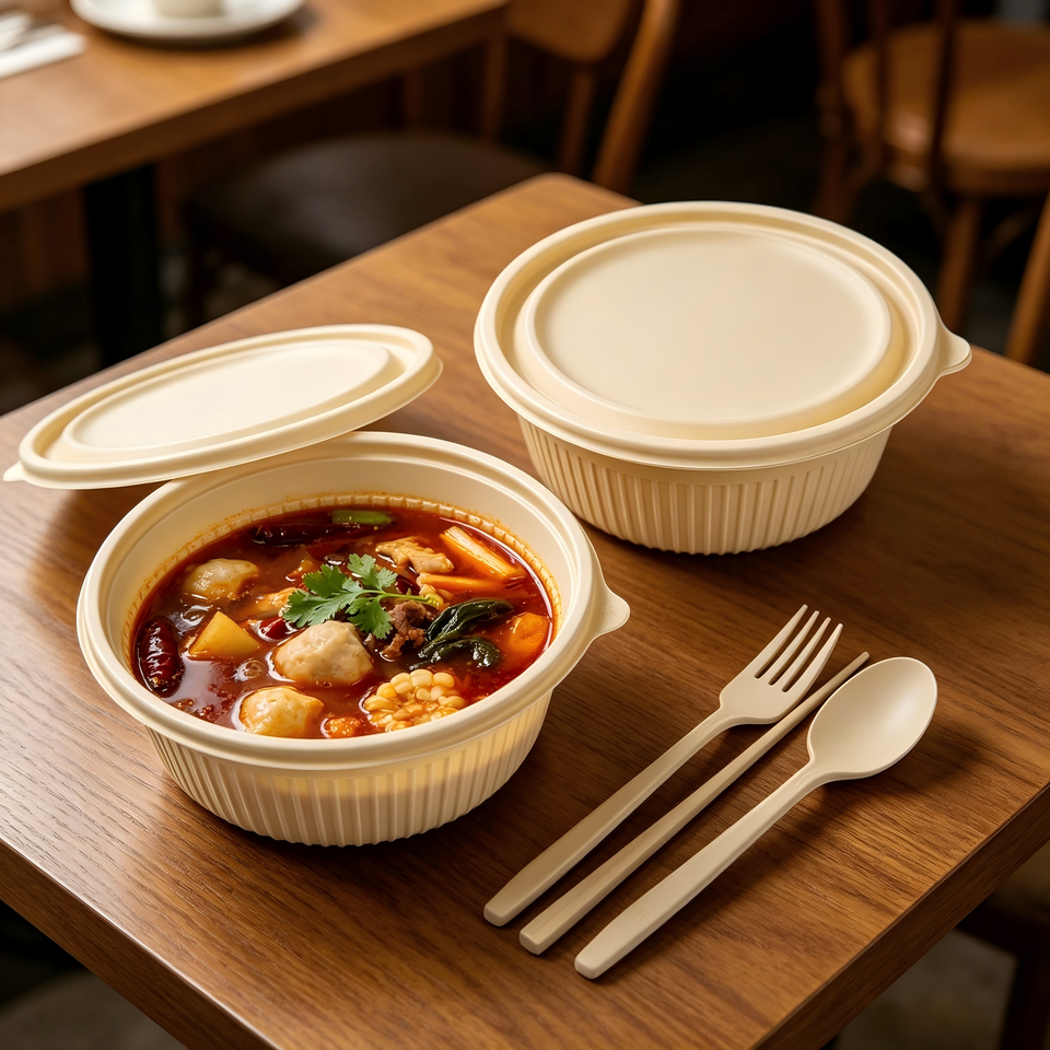 Custom Corn Starch 900ml Round Bowls with Lids - Eco-Friendly Disposable Lunch Containers