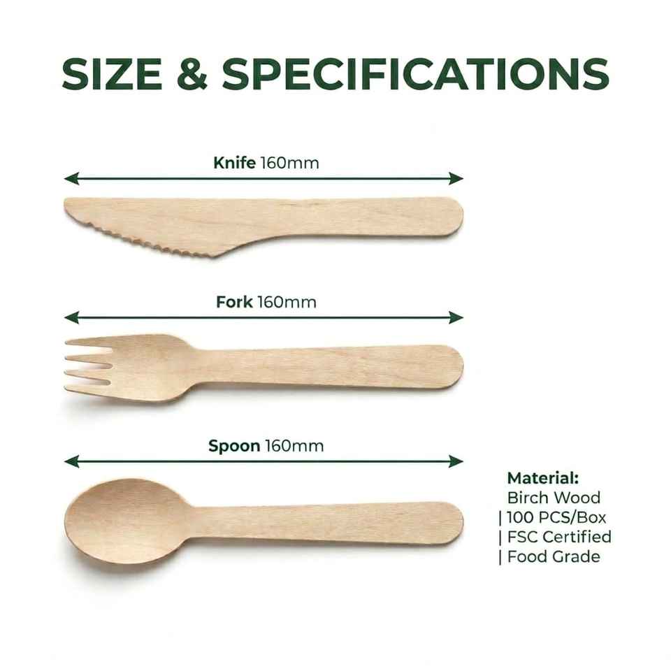 Eco-Friendly Biodegradable Birchwood Cutlery Set – Fork, Knife, Spoon for Party & Camping