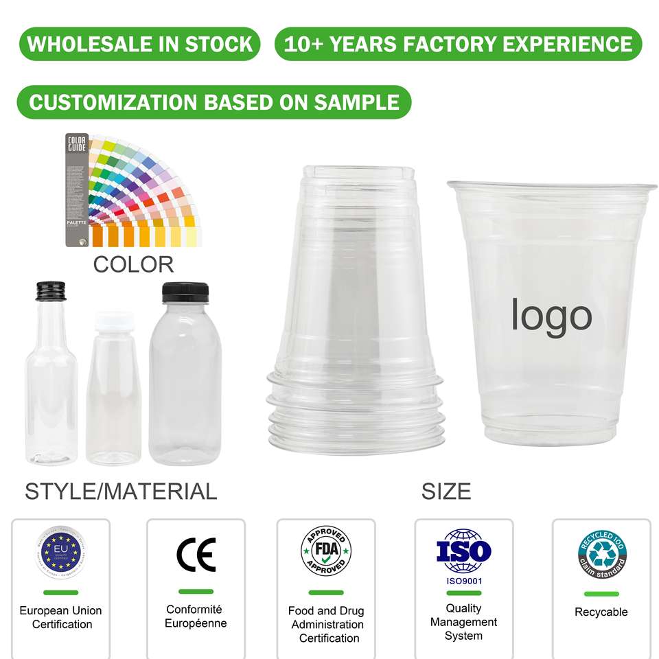 Custom Logo PET Clear Cups with Lids 10-20oz U Shape 90mm for Coffee