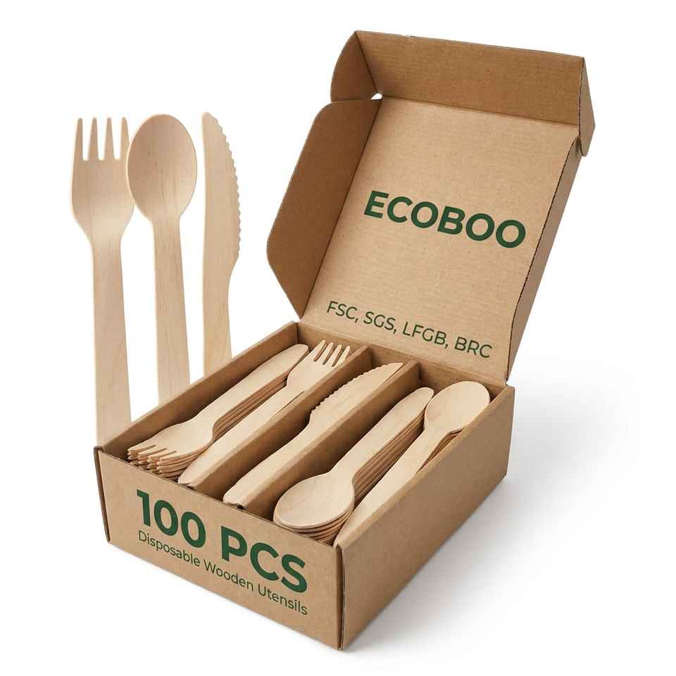 Eco-Friendly Biodegradable Birchwood Cutlery Set – Fork, Knife, Spoon for Party & Camping