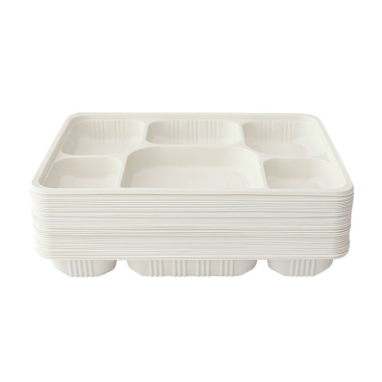 Compostable 6-Compartment Cornstarch Food Tray - Eco-Friendly Disposable Plate