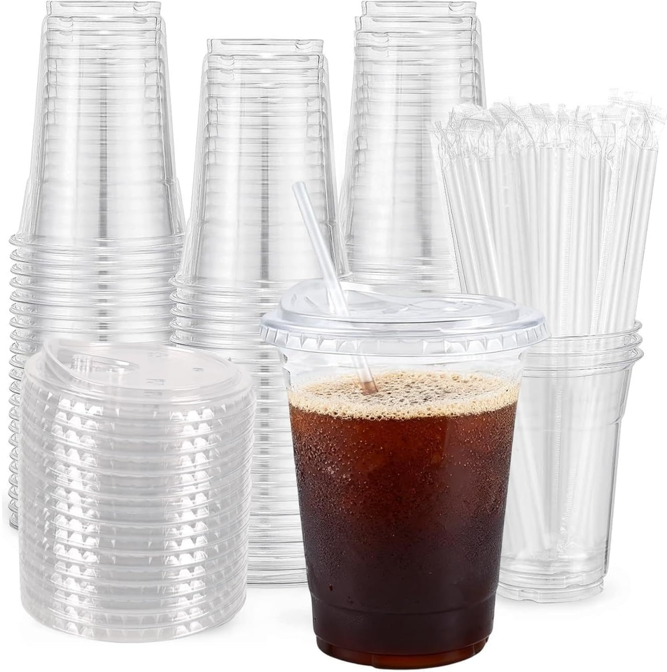 Clear PET Cold Drink Cups 8-24oz with Lids & Straws – BPA-Free, Leak-Resistant
