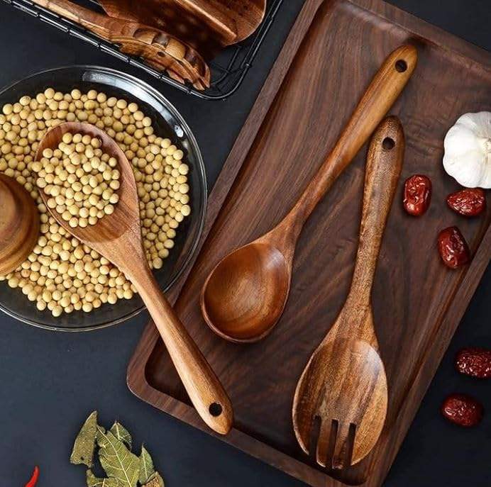 Natural Teak Wood 6-Piece Cooking Utensil Set with Holder - Durable & Non-Stick Safe
