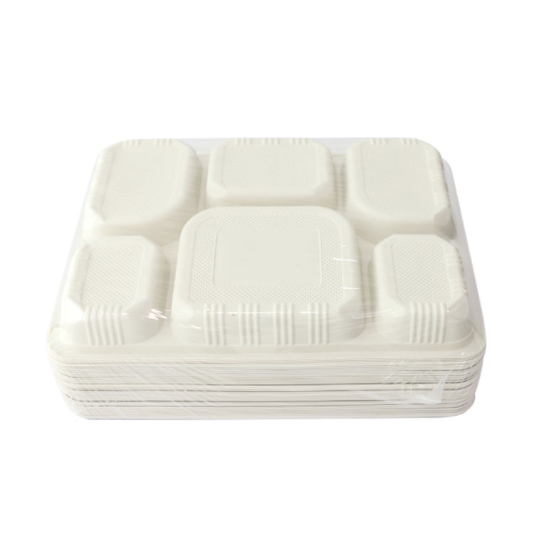 Compostable 6-Compartment Cornstarch Food Tray - Eco-Friendly Disposable Plate