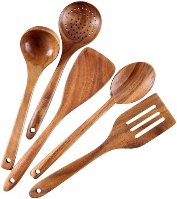 Natural Teak Wood 6-Piece Cooking Utensil Set with Holder - Durable & Non-Stick Safe