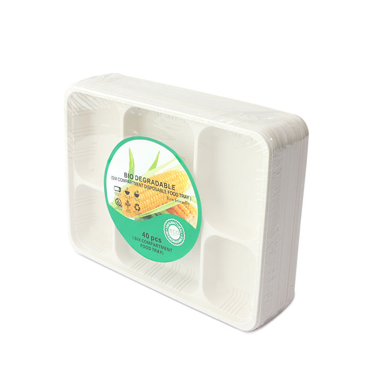 Compostable 6-Compartment Cornstarch Food Tray - Eco-Friendly Disposable Plate