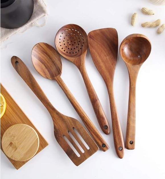 Natural Teak Wood 6-Piece Cooking Utensil Set with Holder - Durable & Non-Stick Safe