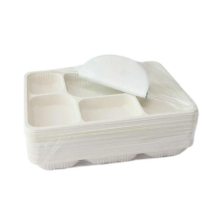 Compostable 6-Compartment Cornstarch Food Tray - Eco-Friendly Disposable Plate