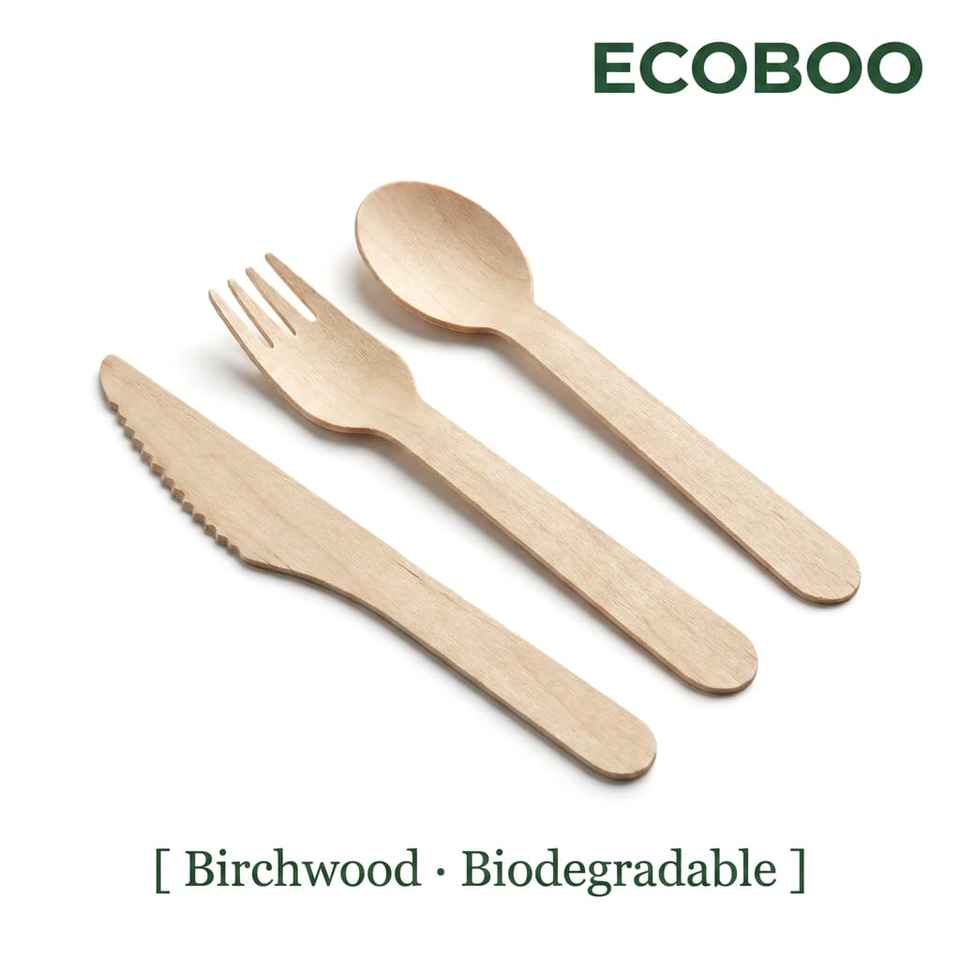 Eco-Friendly Biodegradable Birchwood Cutlery Set – Fork, Knife, Spoon for Party & Camping