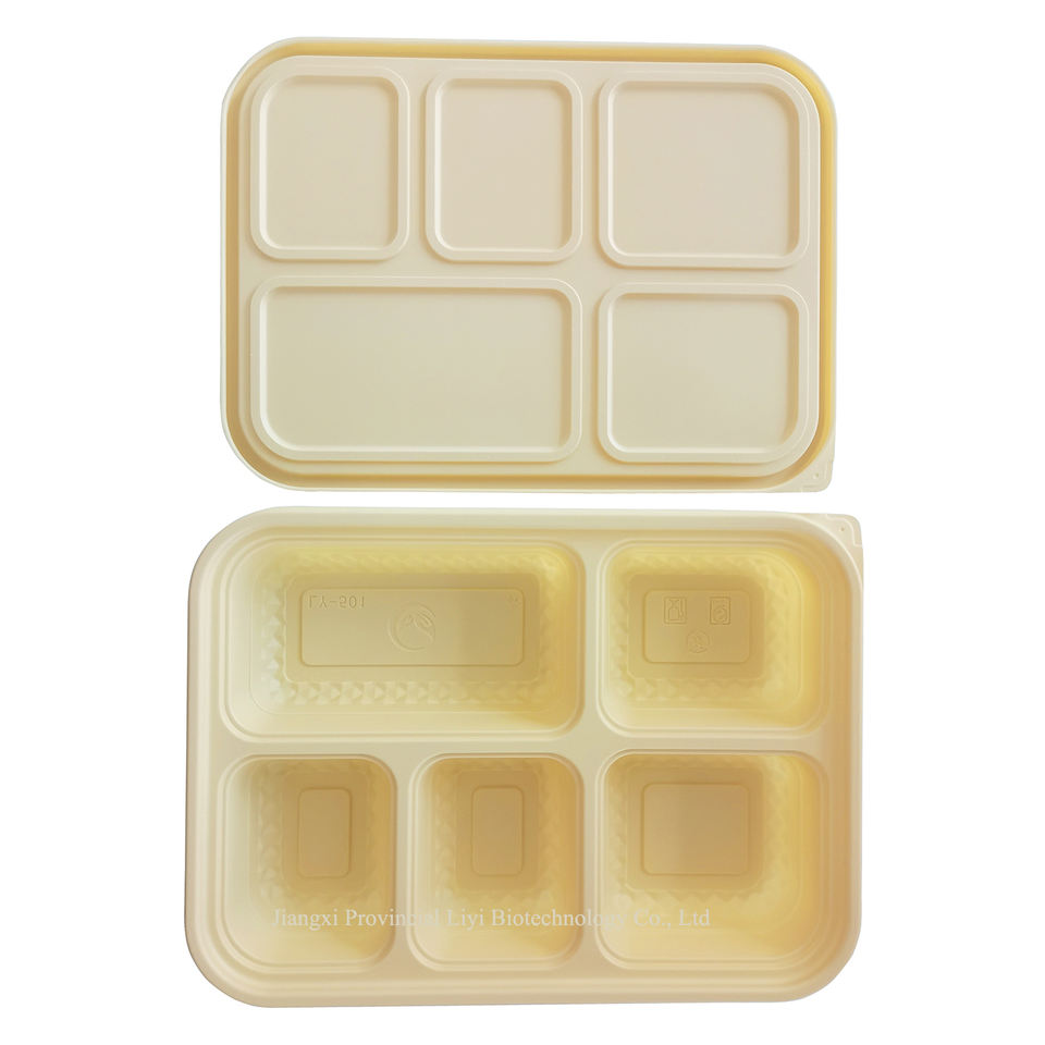 Eco-Friendly Biodegradable Bamboo & Corn Starch 5-Compartment Bento Lunch Tray with Lid