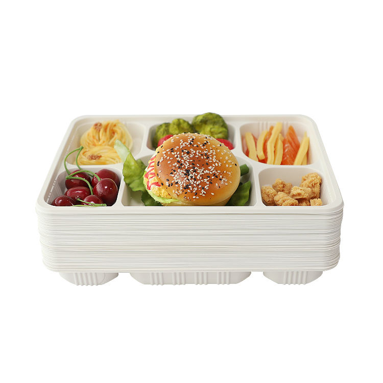 Compostable 6-Compartment Cornstarch Food Tray - Eco-Friendly Disposable Plate