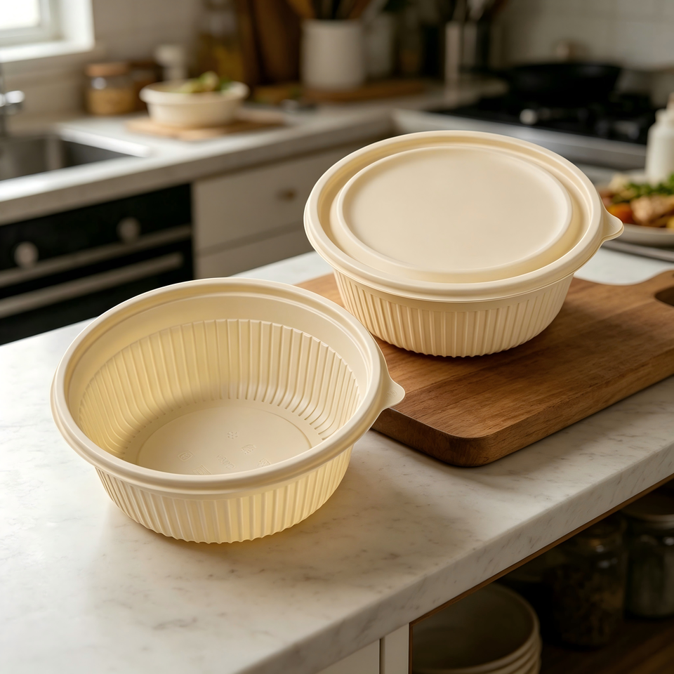 Custom Corn Starch 900ml Round Bowls with Lids - Eco-Friendly Disposable Lunch Containers