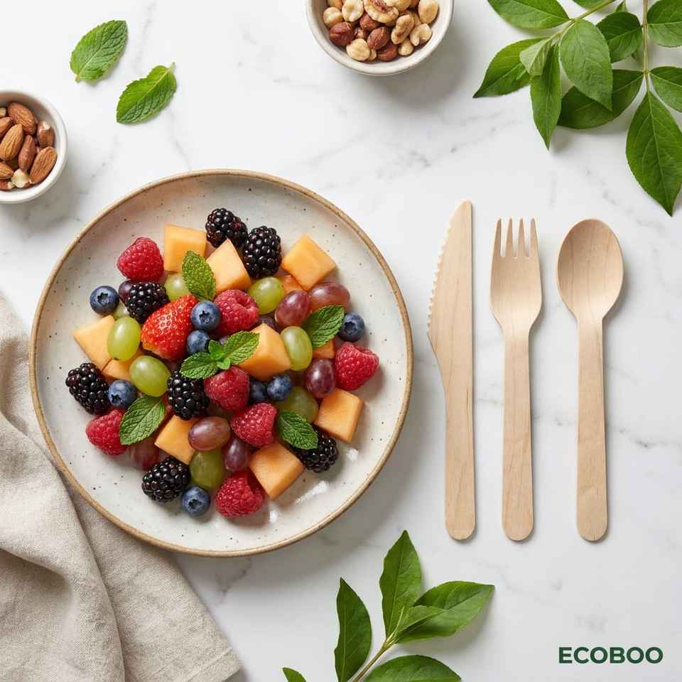 Eco-Friendly Biodegradable Birchwood Cutlery Set – Fork, Knife, Spoon for Party & Camping