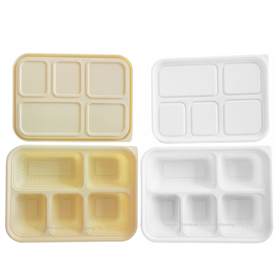 Eco-Friendly Biodegradable Bamboo & Corn Starch 5-Compartment Bento Lunch Tray with Lid