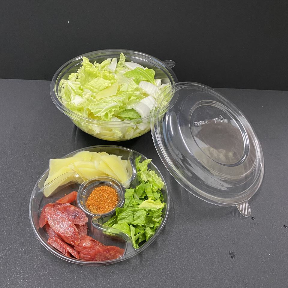 36oz PET Plastic Round Salad Container with Compartments, Eco-Friendly
