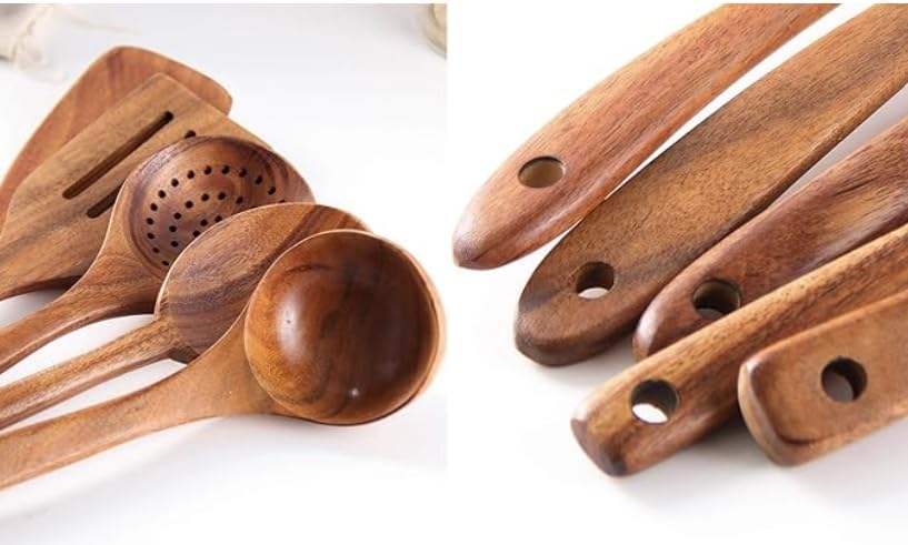 Natural Teak Wood 6-Piece Cooking Utensil Set with Holder - Durable & Non-Stick Safe