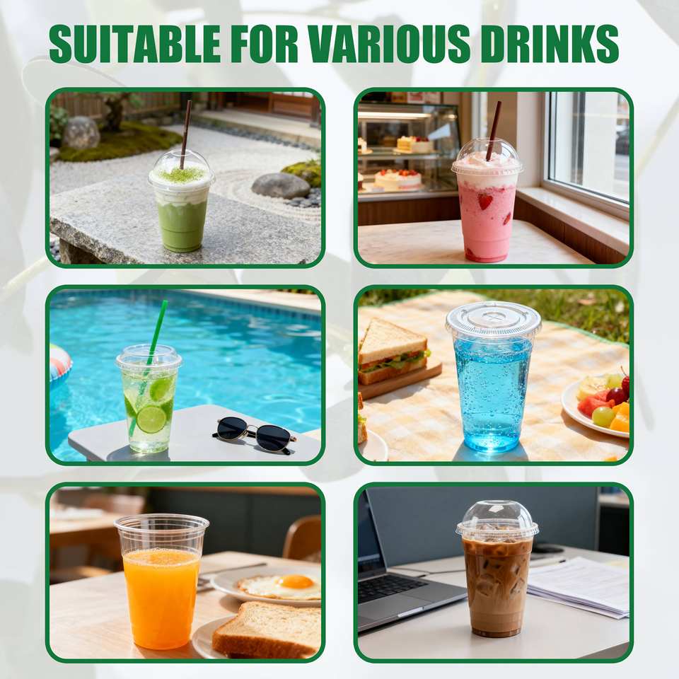Custom Logo PET Clear Cups with Lids 10-20oz U Shape 90mm for Coffee