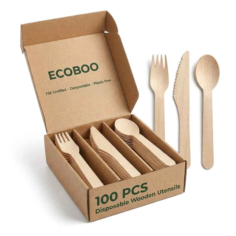 Eco-Friendly Biodegradable Birchwood Cutlery Set – Fork, Knife, Spoon for Party & Camping
