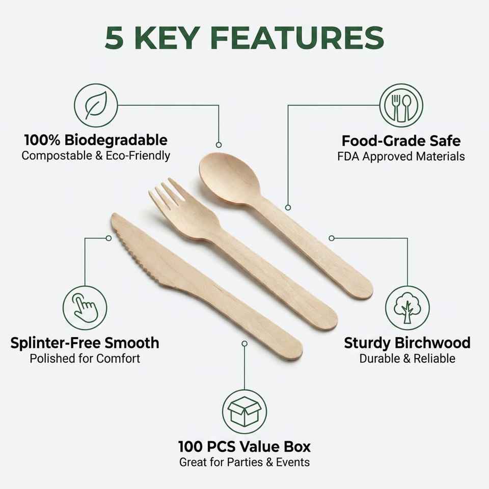 Eco-Friendly Biodegradable Birchwood Cutlery Set – Fork, Knife, Spoon for Party & Camping