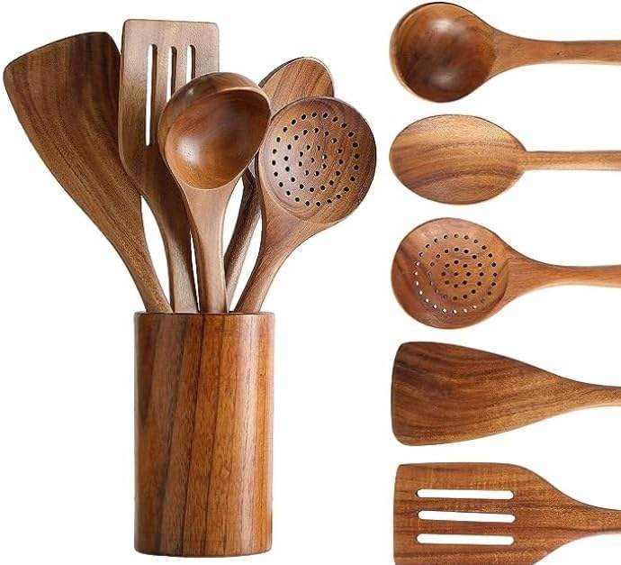 Natural Teak Wood 6-Piece Cooking Utensil Set with Holder - Durable & Non-Stick Safe