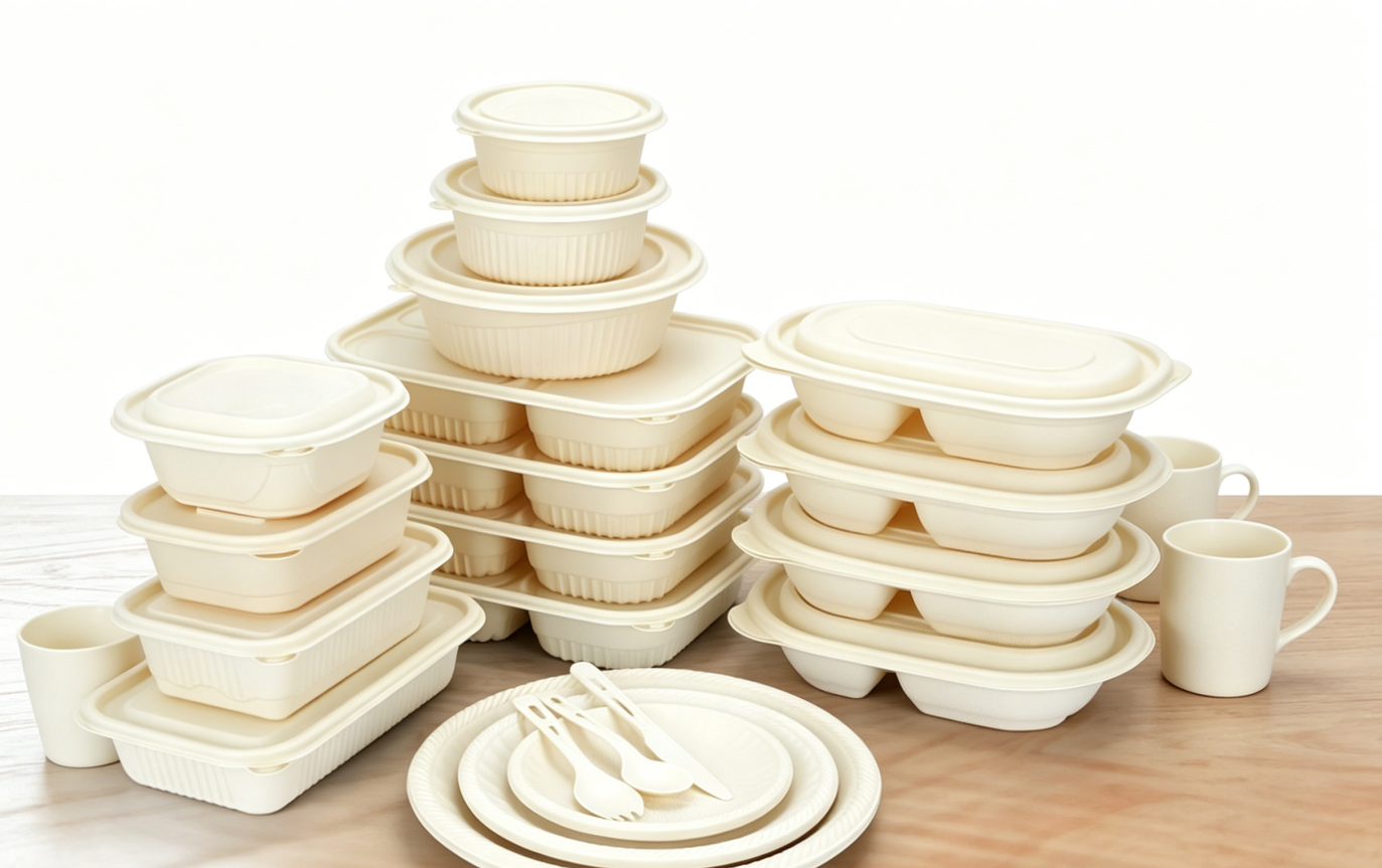 Eco-friendly compostable tableware products — bagasse plates, bowls, cups and cutlery